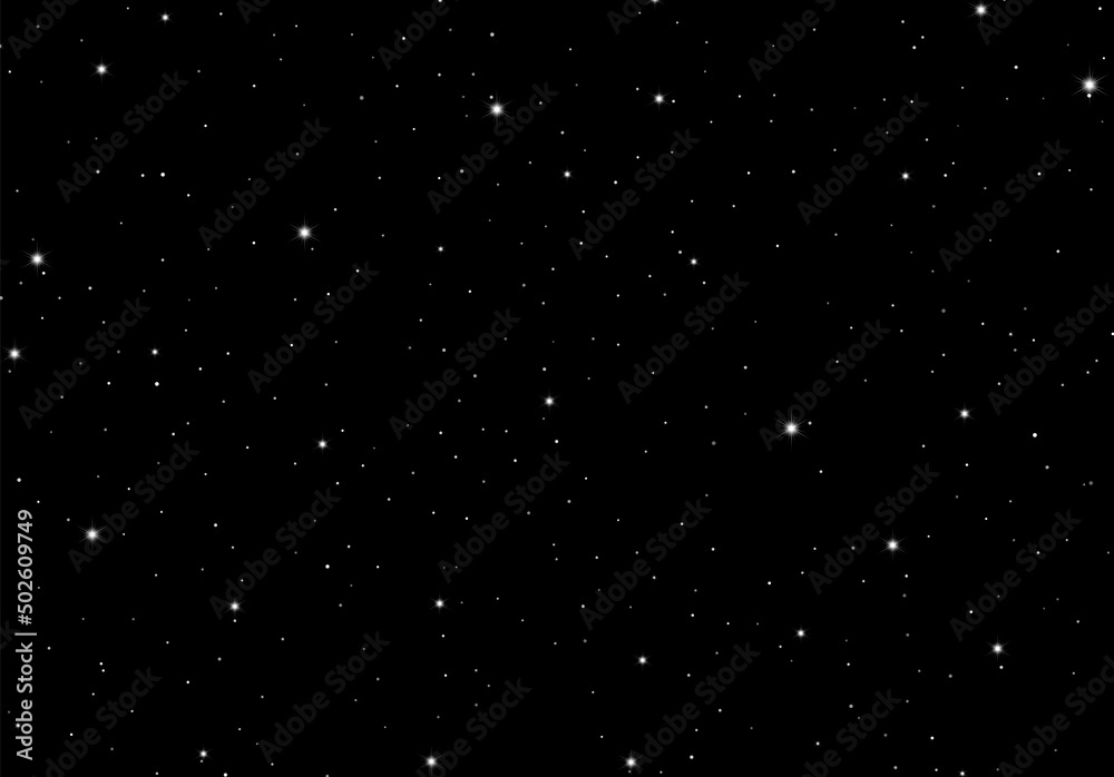 Starry night abstract background with scattered vector stars in the black sky