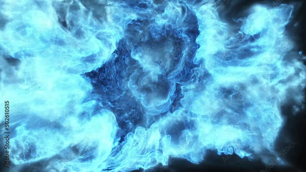 Pulsating blue smoke spreads from the center of the black screen across the entire width and thickens. Spilling energy.