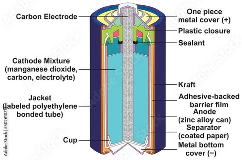 Dry cell battery parts infographic diagram for science education components electrical circuit anode cathode carbon electrode vector illustration scheme generate electricity power photo