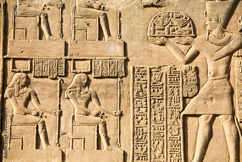 Egypt, Close up of remarkably preserved carvings at Temple of Horus and Sobek at ancient ruins of Kom Ombo on Nile River photo