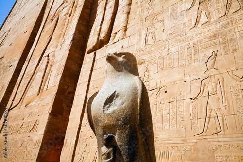 Egypt, Statue of Horus at First Pylon at ruins of Edfu photo