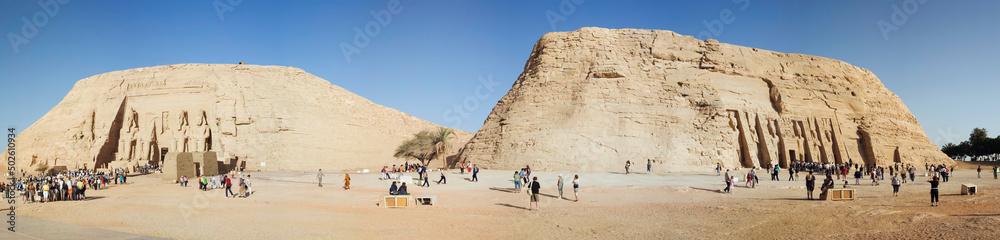 Egypt, Abu Simbel, Panorama view of rock cut Great Temple of Ramses II and Temple of Hathor on shores of Lake Nasser Egypt, Abu Simbel, Panorama view of rock cut Great Temple of Ramses II and Temple of Hathor on shores of Lake Nasser