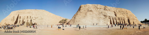 Egypt, Abu Simbel, Panorama view of rock cut Great Temple of Ramses II and Temple of Hathor on shores of Lake Nasser photo
