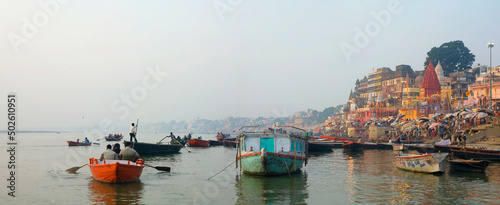 India, Uttar Pradesh, Varanasi, Panorama view of Ganges riverfront at dawn photo