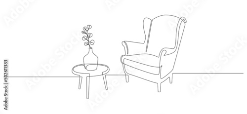 Continuous one line drawing of armchair and table with vase with plant. Vintage stylish furniture for living room or loft hotel concept in simple linear style. Doodle vector illustration