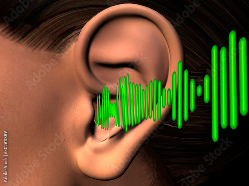 Close-up of a human ear listening to sound waves photo