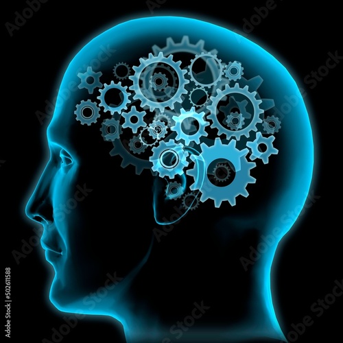 Close-up of a man's head with gears turning inside