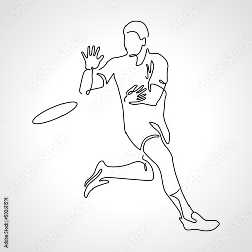 Single continuous one line drawing of frisbee player throwing flying disc.