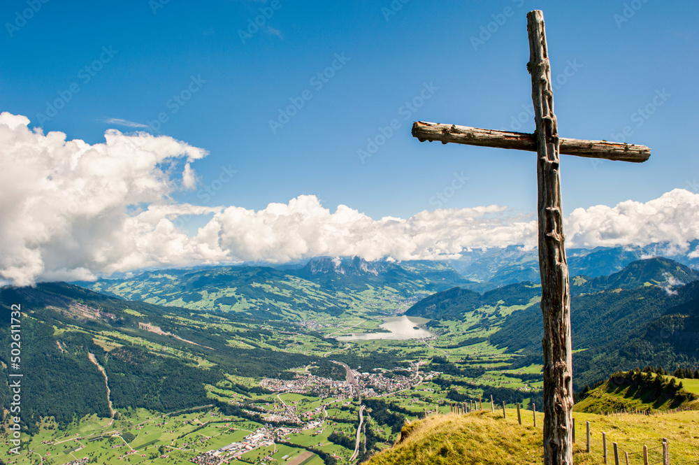 Cross and a view from Mount Rigi near Lucerne in Switzerland