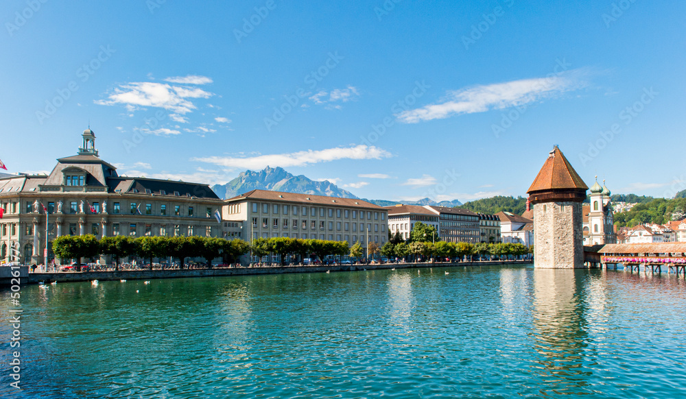 The  Water Tower in Lucerne, Switzerland  with Mount Pilatus in the distance.