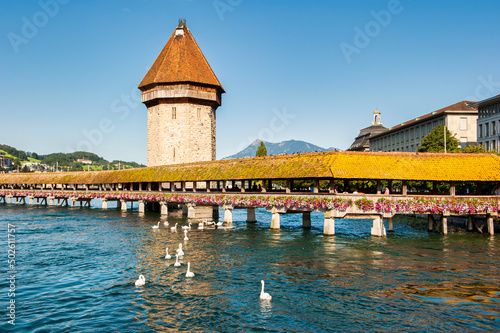 The Chapel Bridge and Water Tower in Lucerne in Switzerland