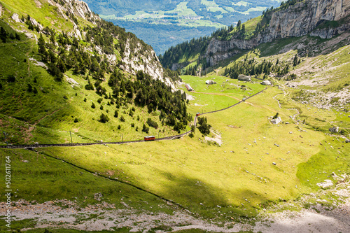 The steepest Cog Railway in the World climbing Mount Pilatus near Lucerne in Switzerland