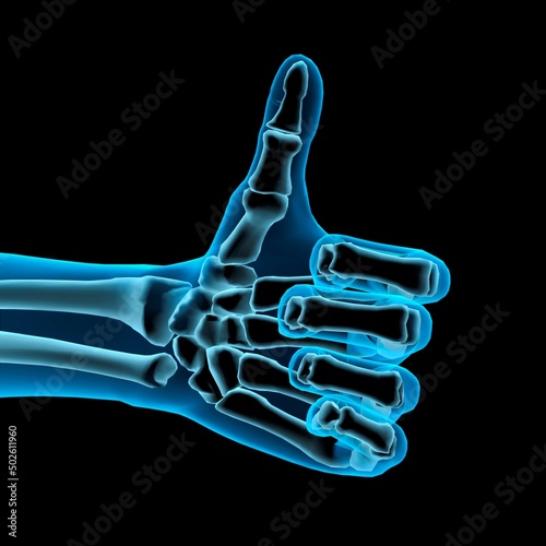 3D Computer Illustration of a blue hand giving the thumbs up sign. Black background