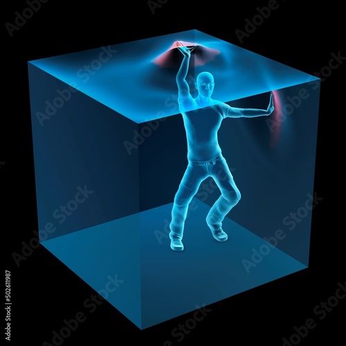 3D Computer Illustration of man trapped inside blue transparent cube photo