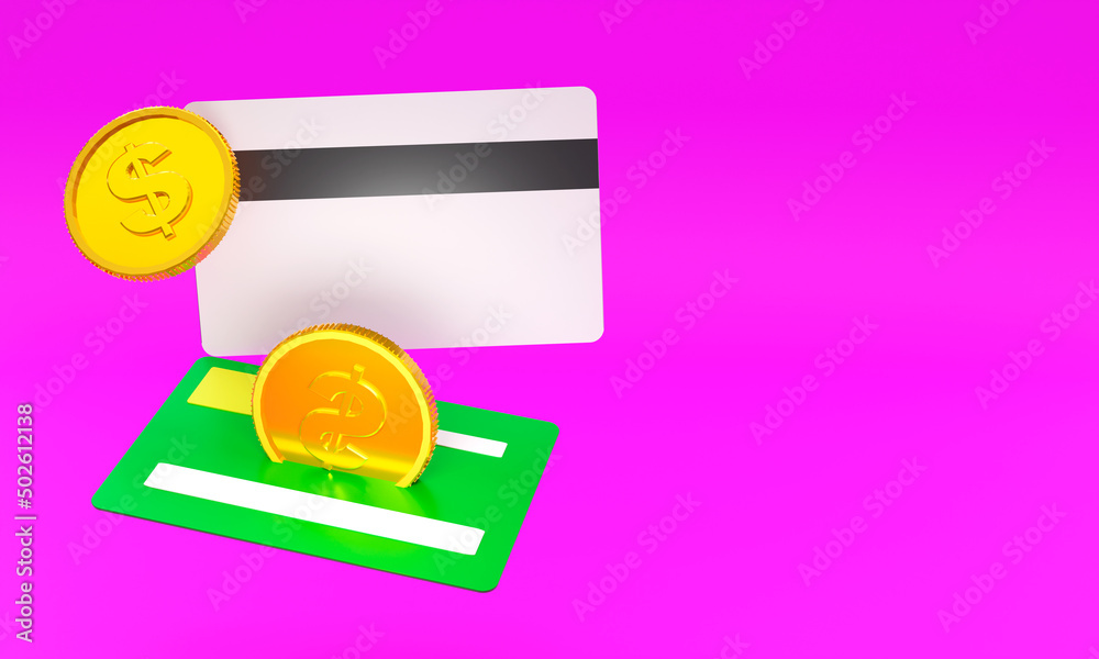 3d illustration, credit cards, two gold coins pink background, copy space, 3d rendering 3d illustration, credit cards, two gold coins pink background, copy space, 3d rendering