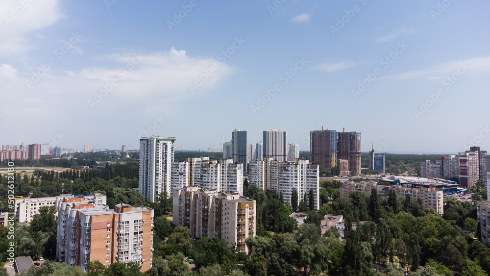 Aerial view of multi-storey residential buildings in the Kiev residential area.