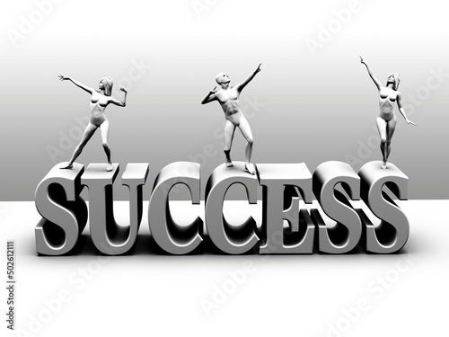 Success Three Statues on top of Success Block Letters in White-Grey monochrome