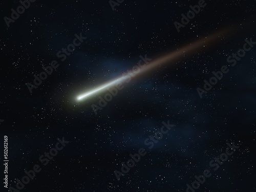 Shooting star on a black background. Beautiful meteor trail, falling meteorite in the starry night sky. 