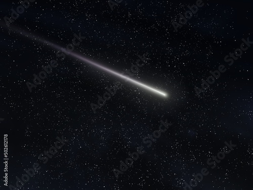 Shooting star on a black background. Beautiful meteor trail, falling meteorite in the starry night sky. 