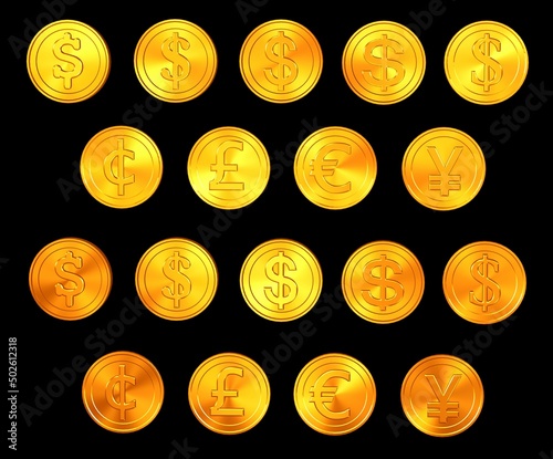 Gold coins dollar, pound, euro, yen, currencies. photo