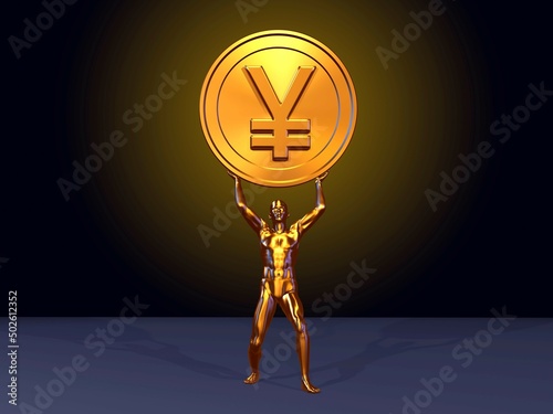 Japanese Yen coin lifted high by golden athlete