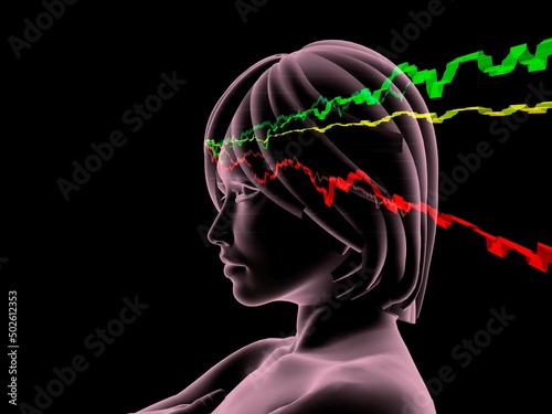 Woman's pink head in profile with stock market charts photo