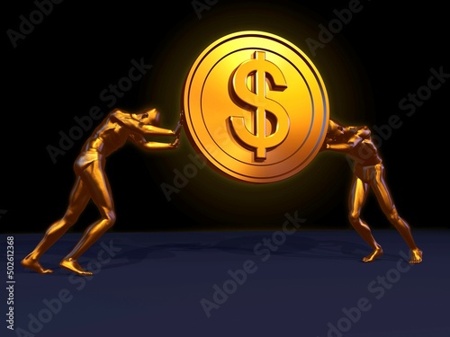 Large golden Dollar coin lifted by two golden men photo