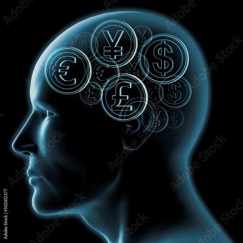 Man's head in profile with currencies and coins photo