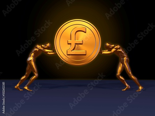 Large golden Pound coin lifted by two golden men photo
