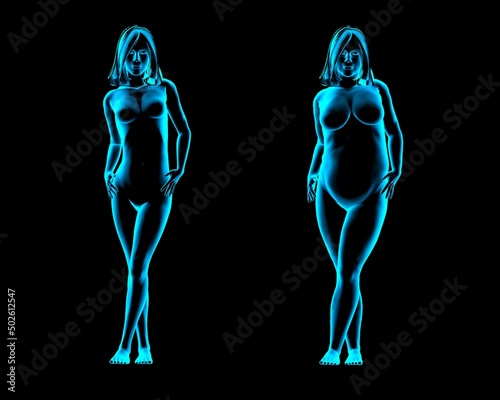 Obese and thin women posing in catwalk style, X-ray image photo