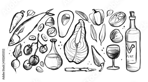 Hand Drawing Mediterranean Diet Set of Food. Wine, lemon, pepper, salmon, oil, avocado, tomatoes in pencil drawing stule. Use for your restaurant, cafe and menu design.