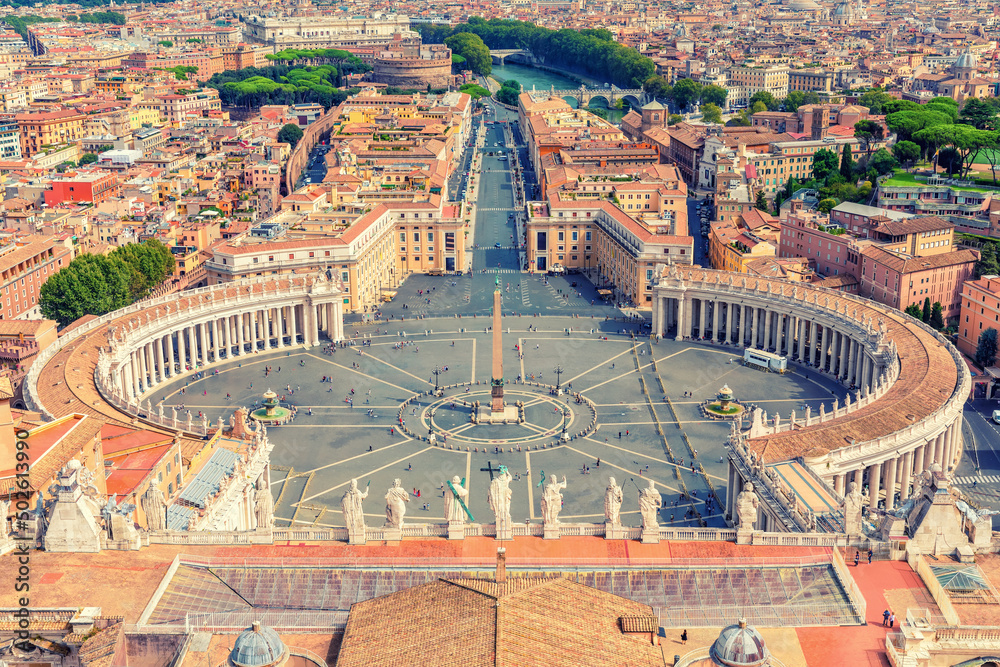 The statues of Apostles on the top of St. Peter's Basilica and Vatican Square, Rome, Italy