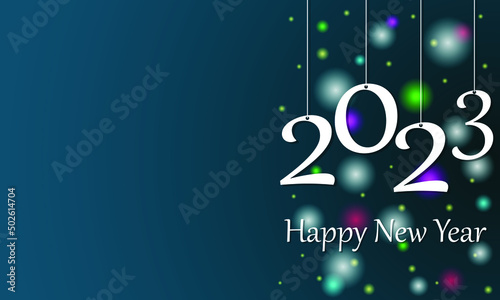 Happy New Year 2023. Hanging white paper number with confetti on a colorful blurred background. Design for postcard, invitation, banner with place for text. Vector illustration