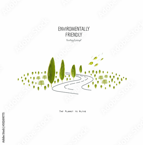 Environmentally friendly planet. Green country landscapes. Solar panels on green fields and trees along the road made of leaves with sketches. Eco Renewable energy power.