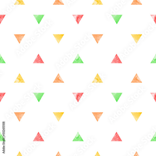 Watercolor triangles seamless repeat regular pattern. Tiny textured colorful triangle geometric shapes with watercolour stains. Geometrical red, orange, yellow and green vector hand drawn background.