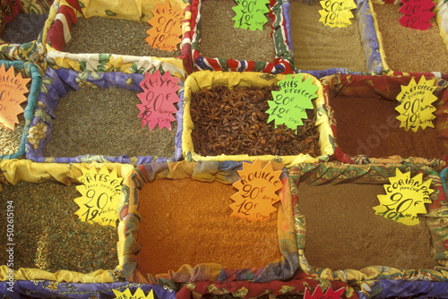 High angle view of spices with price tags
