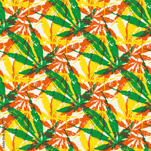 Boston ivy seamless vector pattern background. Red yellow green backdrop with blended leaf shapes. Painted grunge style brush stroke foliage botanical motifs. Parthenocissus Tricuspidata. Fall design