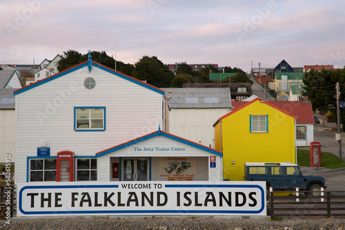 Welcome sign at the waterfront, Stanley, Falkland Islands, England