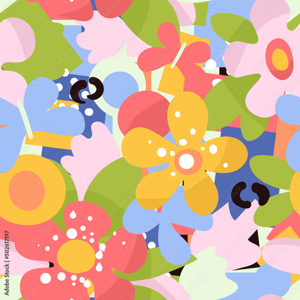 An abstract seamless pattern of simple stylized flowers and butterflies. Summer and spring joyful mood.