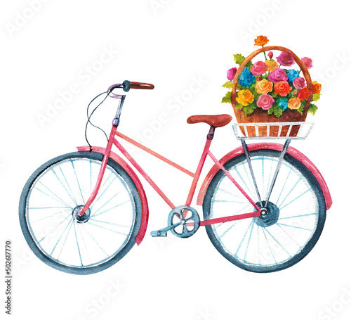 Watercolor bicycle. An old pink bicycle with a basket of flowers for traveling around the city © Eva Kleinman