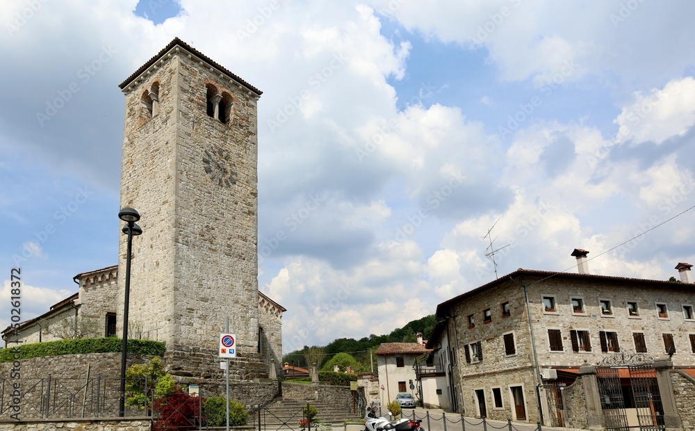 A square and an ancient church in Nimis, municipality of the autonomous region of Friuli in Italy