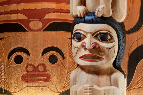 Close-up of totem poles, Potlatch Totem Park, Ketchikan, Alaska, USA photo