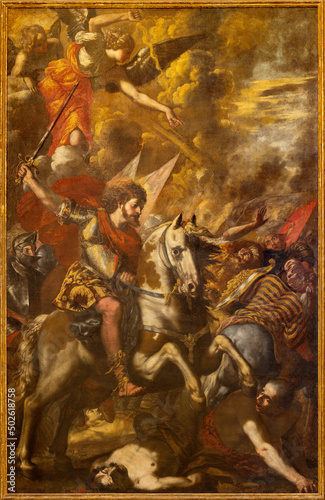 MONOPOLI, ITALY - MARCH 5, 2022: The baroque painting in the Cathedral - St. James a white horse and changes the fate of the Battle of Clavijo 844 by Carlo Rosa (1640-1645). photo