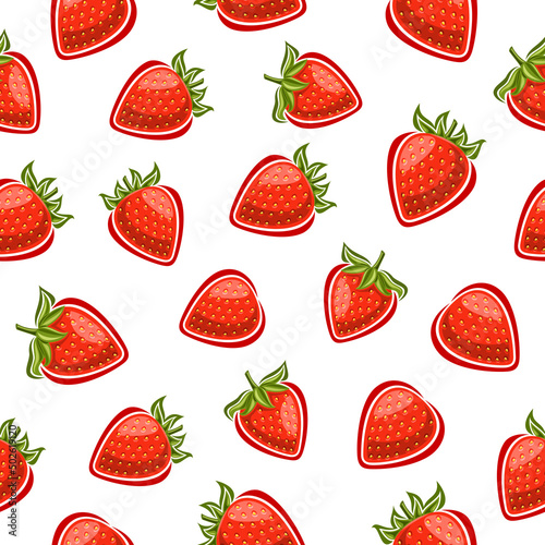 Fototapeta Naklejka Na Ścianę i Meble -  Vector Strawberry Seamless Pattern, repeat background with set of cut out illustrations whole strawberries with green leaves, group of various strawberry berries for home interior on white background