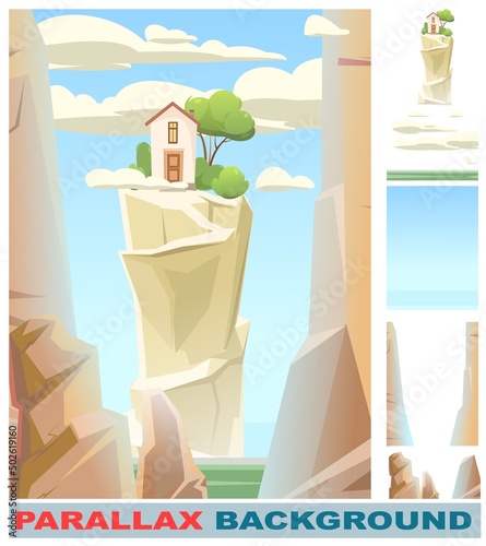 Mountain gorge. Set parallax effect. With house on top. Frame composition. Stone rocky rocky landscape. High peaks and cliffs. Illustration vector