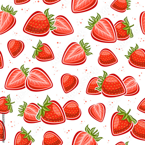 Fototapeta Naklejka Na Ścianę i Meble -  Vector Strawberry Seamless Pattern, repeating background with set of cut out illustrations fruity strawberries with green leaves, group of strawberry still lifes on white background for wrapping paper