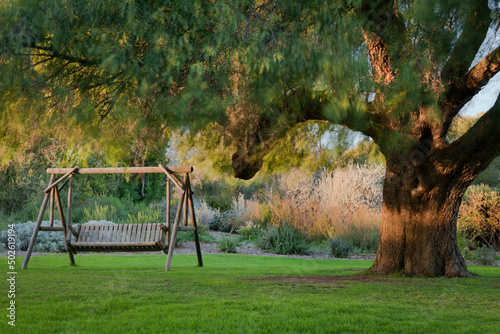 Mexico, Tecate, Rancho La Puerta, Swing seat in garden