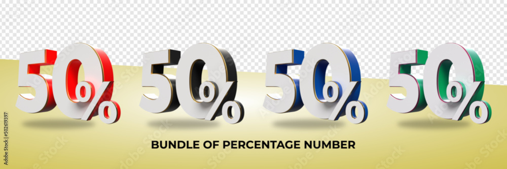3D render bundle of number 50 % for sale discount, progress, colors variation 3D render bundle of number 50 % for sale discount, progress, colors variation