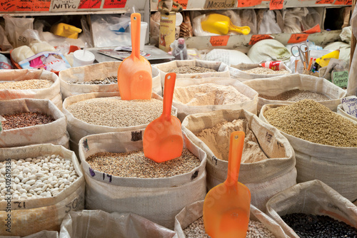 Market, Mexico, Guanajuato, San Miguel de Allende, sacks with food in market photo