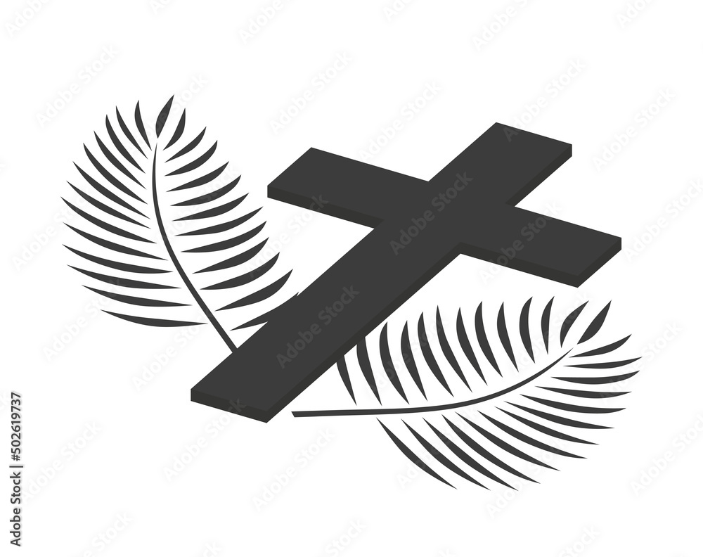 obituary ornament, grave cross and palm leaves- vector illustration